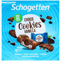 Продуктови Категории Шоколади Schogetten Specials 15 индивидуално опаковани парчета фин млечен шоколад с шоколадови топчета, какаов млечен крем и млечен крем с вкус на ванилия и чипс от какаови зърна